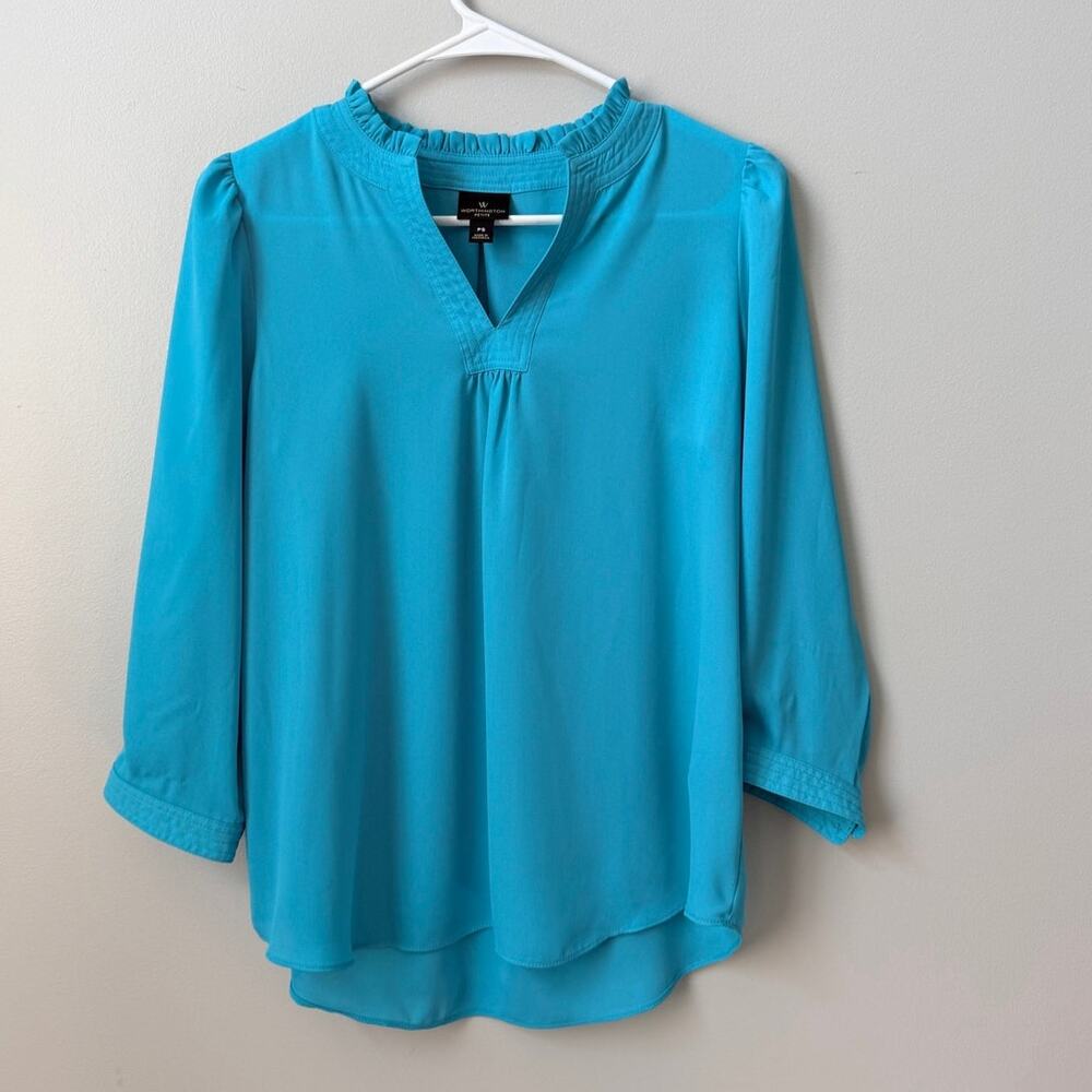 Worthington Petite PS Turquoise Blue V-Neck Ruffle Collar Blouse 3/4 Sleeve